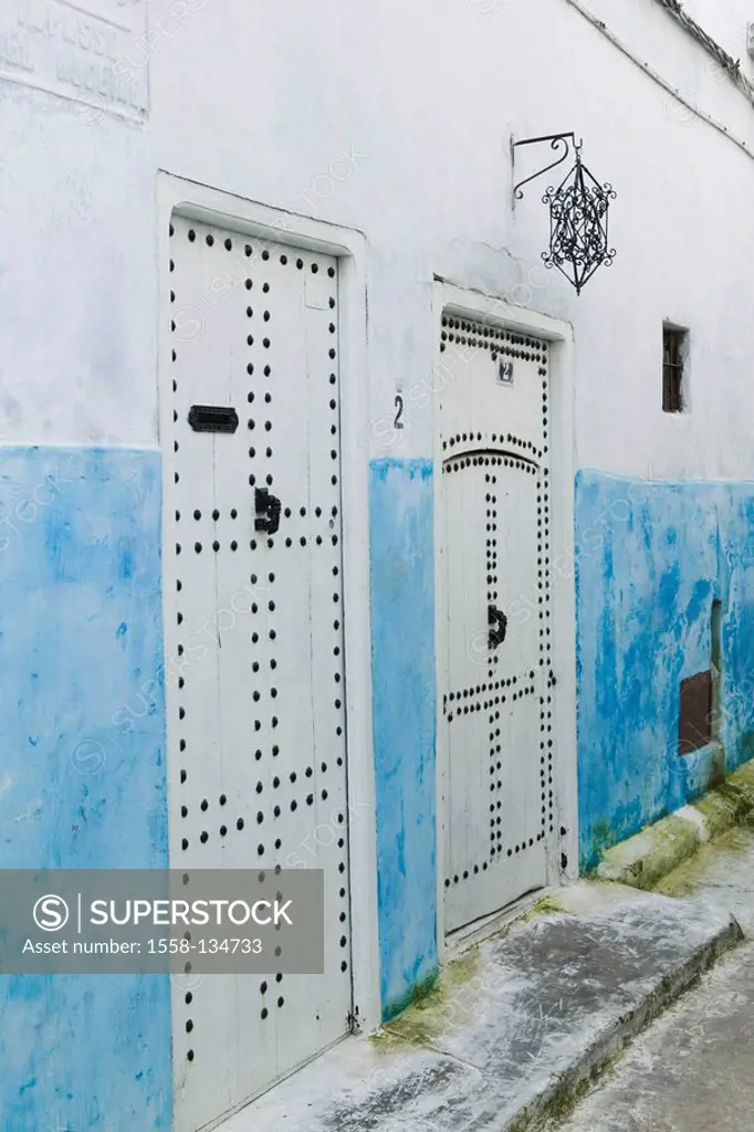 Morocco, Rabat, Kasbah of the Oudaia, detail, doors, city, wall, battlement, fortress, front doors, entrances, rivets, pattern, outside, deserted,