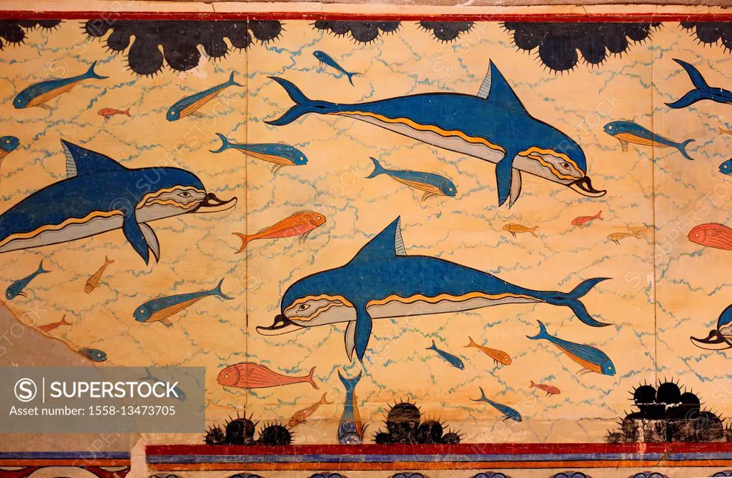 Crete, Knossos, palace complex of the Minoer, dolphins, mural paintings in the Megaron of the queen