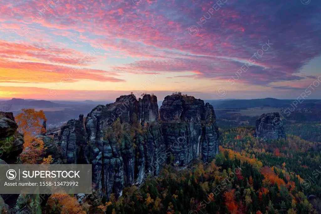 Schrammsteine (mountains), sundown, autumn, Saxon Switzerland, Saxon, Germany, Europe