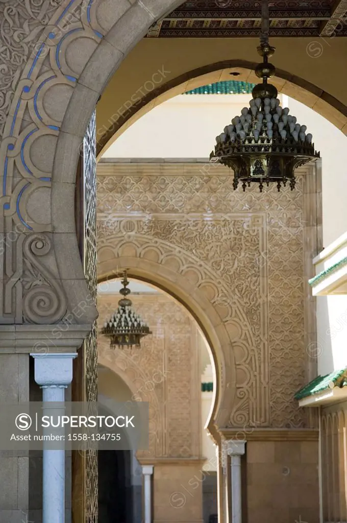 Morocco, Rabat, royal palace, entrance, detail, city, sight, palace-quarter, barracks, buildings, construction, architecture, bows, lamps, deserted, b...