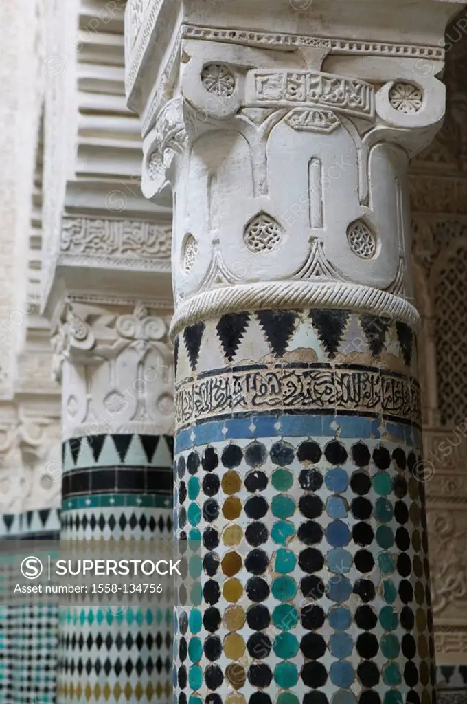 Morocco, Sale, Medersa Abou El Hassan mosque, columns, Fayenceziegel, detail, city, sight, Lord´s house, sacral-construction, Koran-school, belief, re...