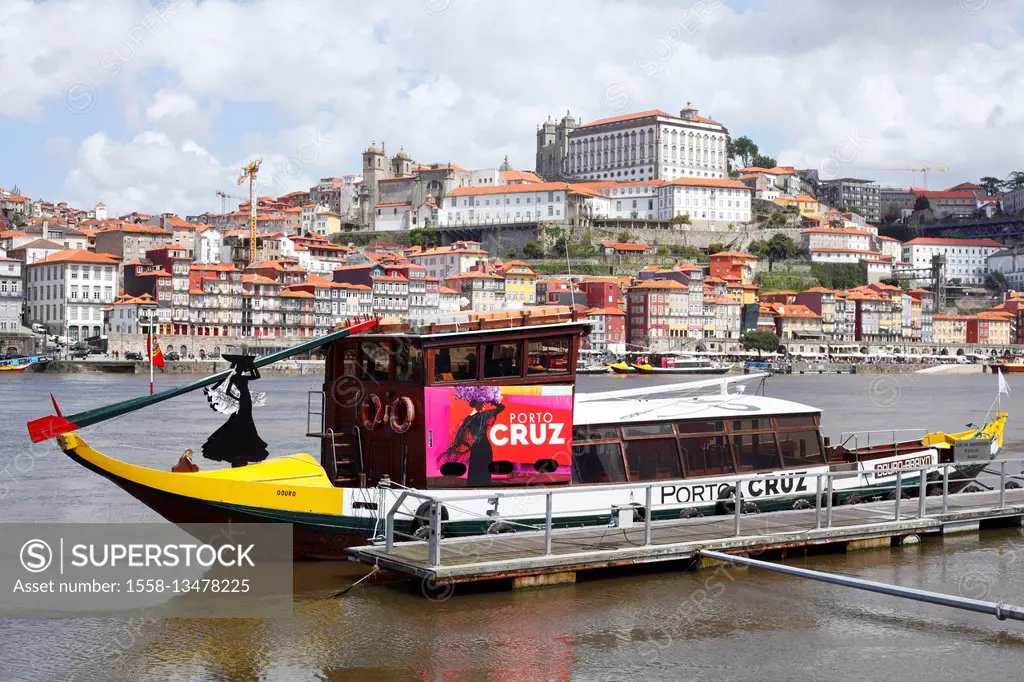 old town district Ribeira with former boat for delivery of the winery for port wine on the river Douro, Porto, district of Porto, Portugal, Europe