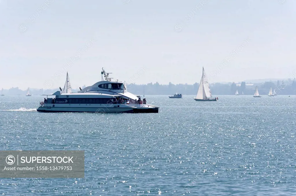 Germany, Baden-Wurttemberg, Constance, catamaran of the 'Weisse Flotte' on Lake of Constance