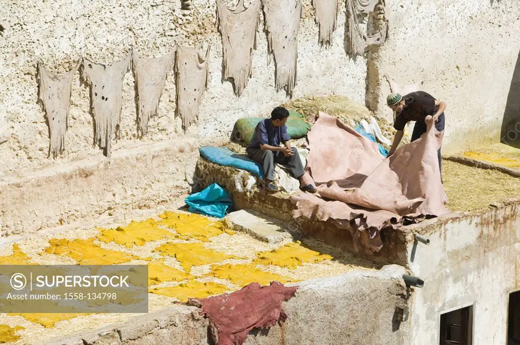 Morocco, Fes, Fes El Bali, tannery, house-roof, men, leather, dries, no models district, Old Town, house, residence, release, city, craft, tanners, fl...