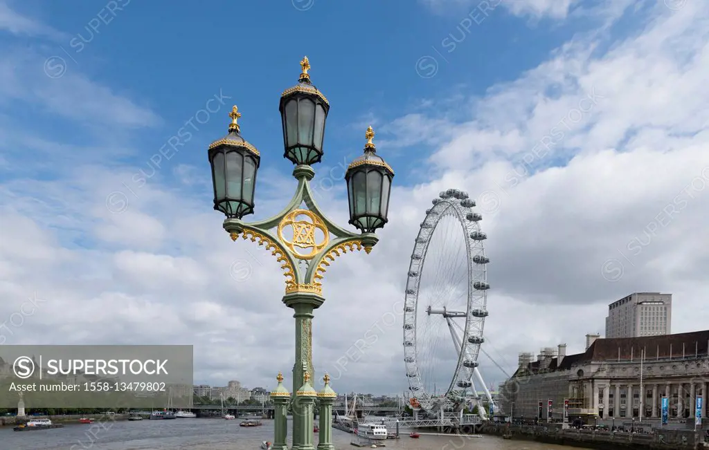 England, London, street lamp on Westminster Bridge.