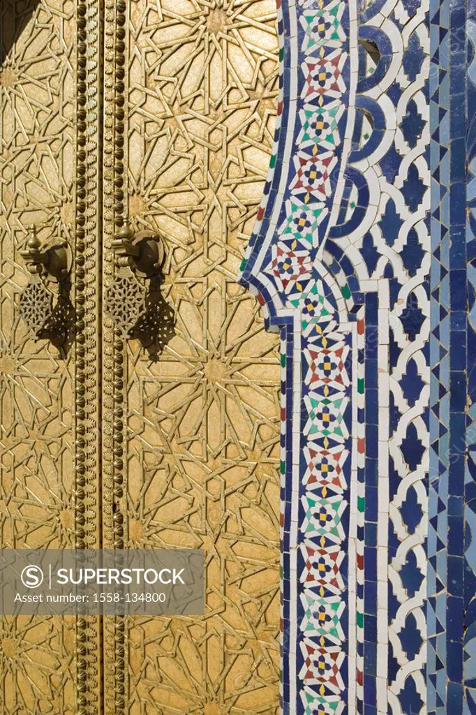 Morocco, Fes, Fes El Jedid, king-palace, door, detail, city, district, sight, culture, entrance, entrance, tiles, tiles, pattern, mosaic, ornaments, g...