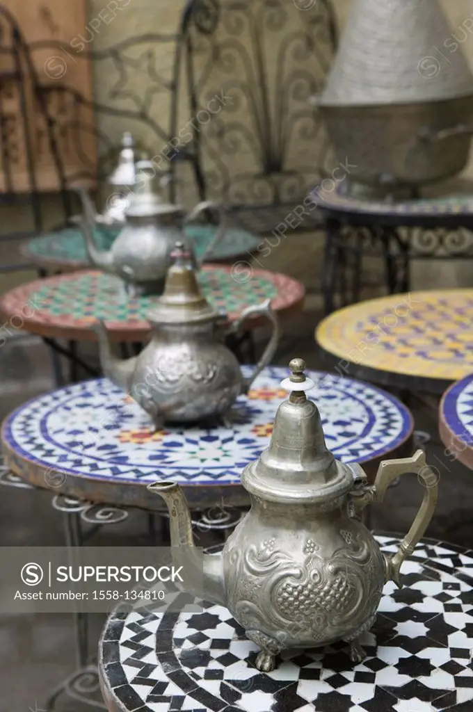 Morocco, Fes, Fes El Bali, business, sale, mosaic-tables, tea-pots, city, district, Old Town, ware, traditionally, regional-typically, mugs, metal-mug...