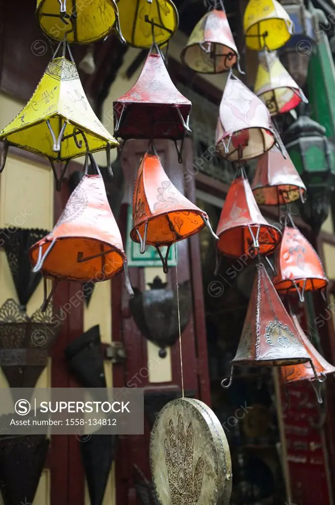 Morocco, Fes, Fes El Bali, souvenir-business, lamps, detail, city, district, Old Town, business, stores, sale, lampshades, leather-lamps, colorfully, ...