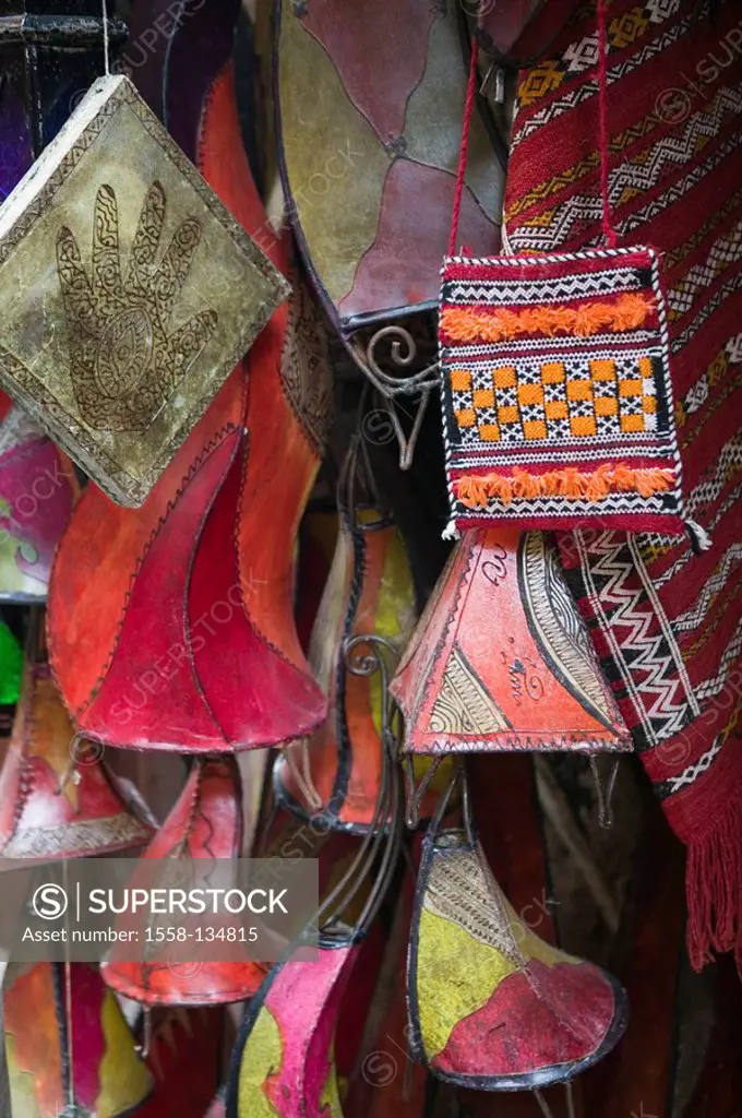 Morocco, Fes, Fes El Bali, souvenir-business, lamps, detail, city, district, Old Town, business, stores, sale, Lamenschirme, leather-lamps, colorfully...