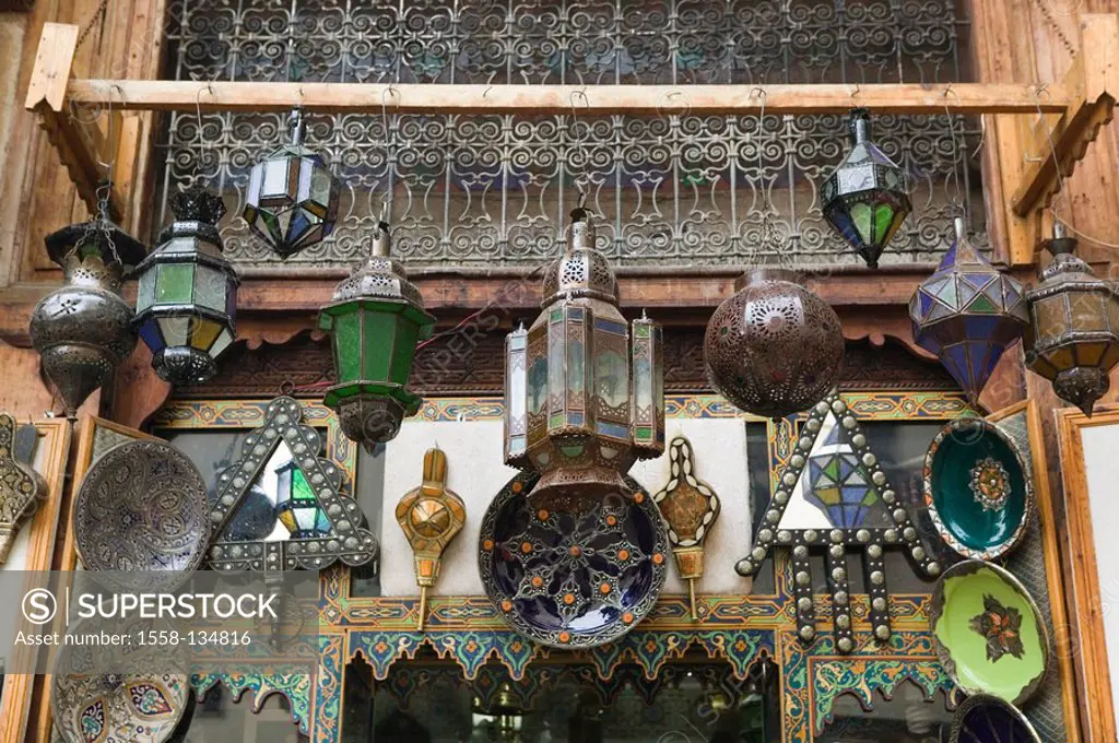 Morocco, Fes, Fes El Bali, souvenir-business, handicraft, detail, city, district, Old Town, business, stores, outside, sale, craftsmanship, lamps, pla...
