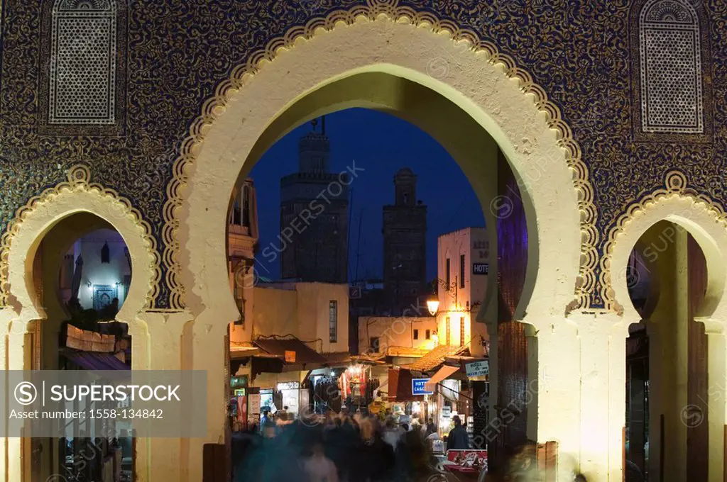 Morocco, Fes, Fes El Bali, Bab Bou Jeloud, detail, evening, city, district, Old Town, entrance, passageway, gate, ornaments, Oriental, Moroccan, archi...