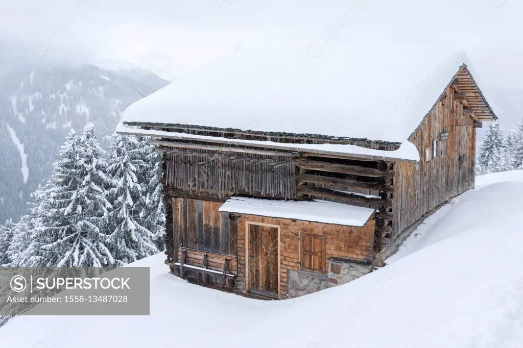 Austria, Vorarlberg, Montafon, Silbertal, wooden hut in the Kristberg
