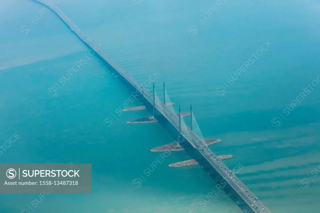 Bridge of Penang to the Malayan mainland, aerial shots from the airplane, street of Malaka, Indian ocean,