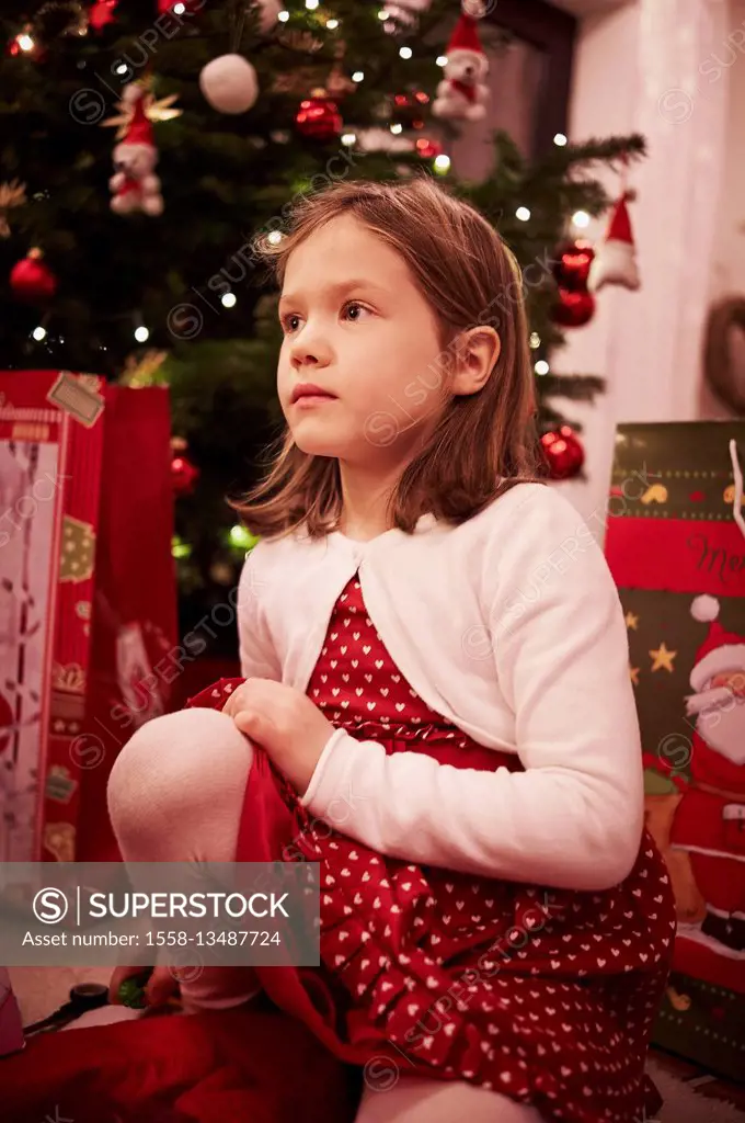girl, Christmas, presents, Christmas tree, Christmas tree decorations, red dress