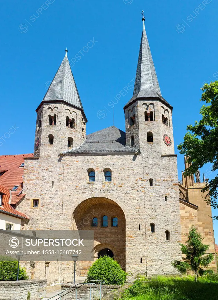 Germany, Baden-Wurttemberg, Bad Wimpfen, Wimpfen in the valley, The diocese church St. Peter, Romanesque west facade, west towers, west portal