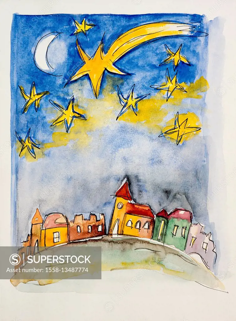 Gisela Oberst, Advent, stars, moon, over the houses, artist Gisela Oberst,