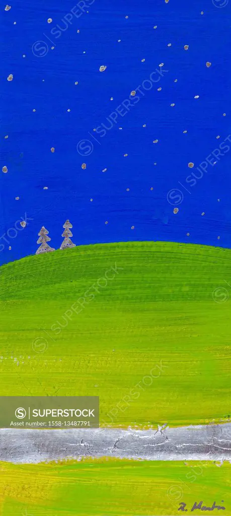 Art, painting of Regine Martin, mixed technique, 2 firs, starry sky, mountain, hill
