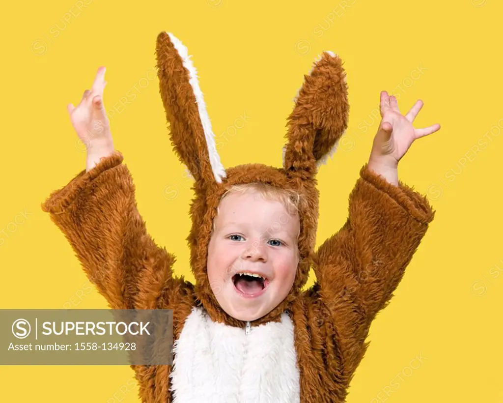 boy, disguise, Easter bunny, rejoices, semi-portrait, series, people child 4-5 years blond childhood, happily, cheerfully, laughs, fun, poor, outfit, ...