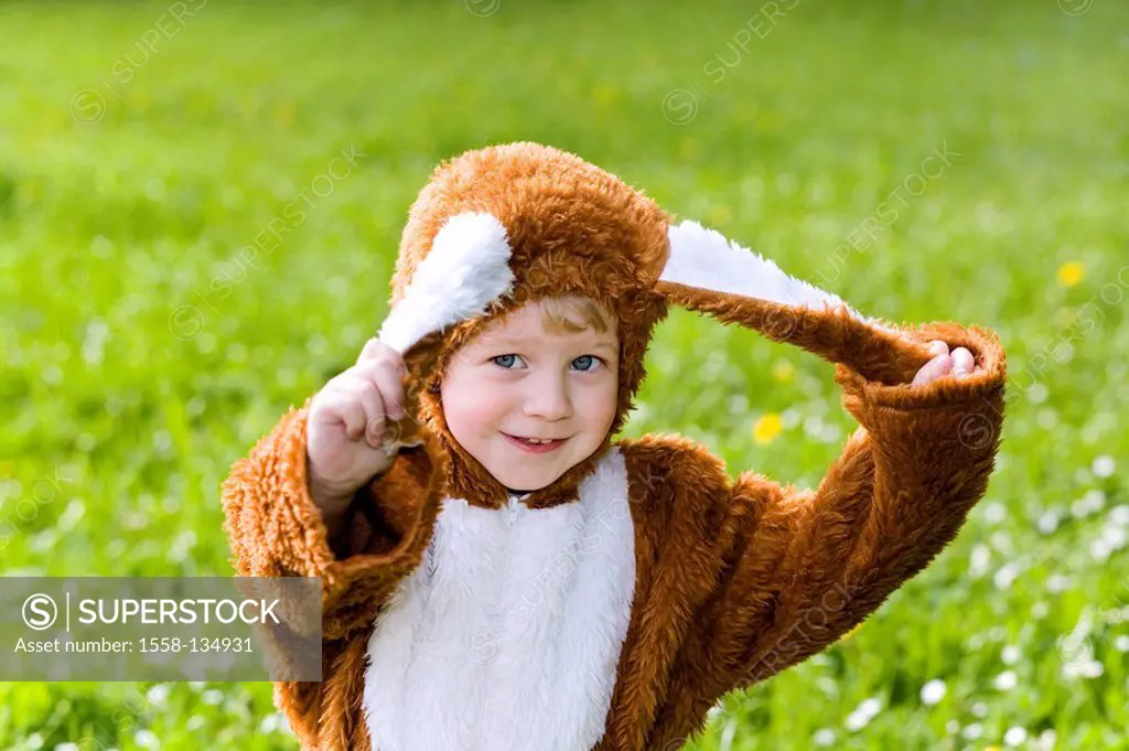 boy, disguise, Easter bunny, gesture, ears, semi-portrait, pulls series, people child 4-5 years blond childhood, happily, cheerfully, fun, outfit, har...