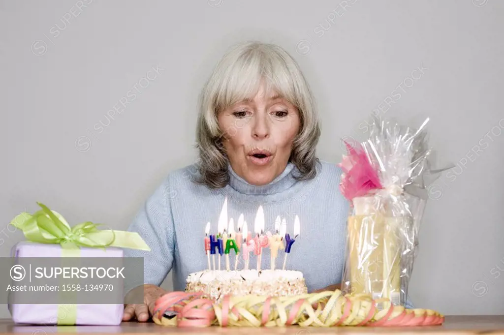 Birthday, senior, gifts, pie, candles, blows out, detail, series, people, seniors, woman, grey-haired, sitting, packet, birthday-gifts, birthday-pie b...