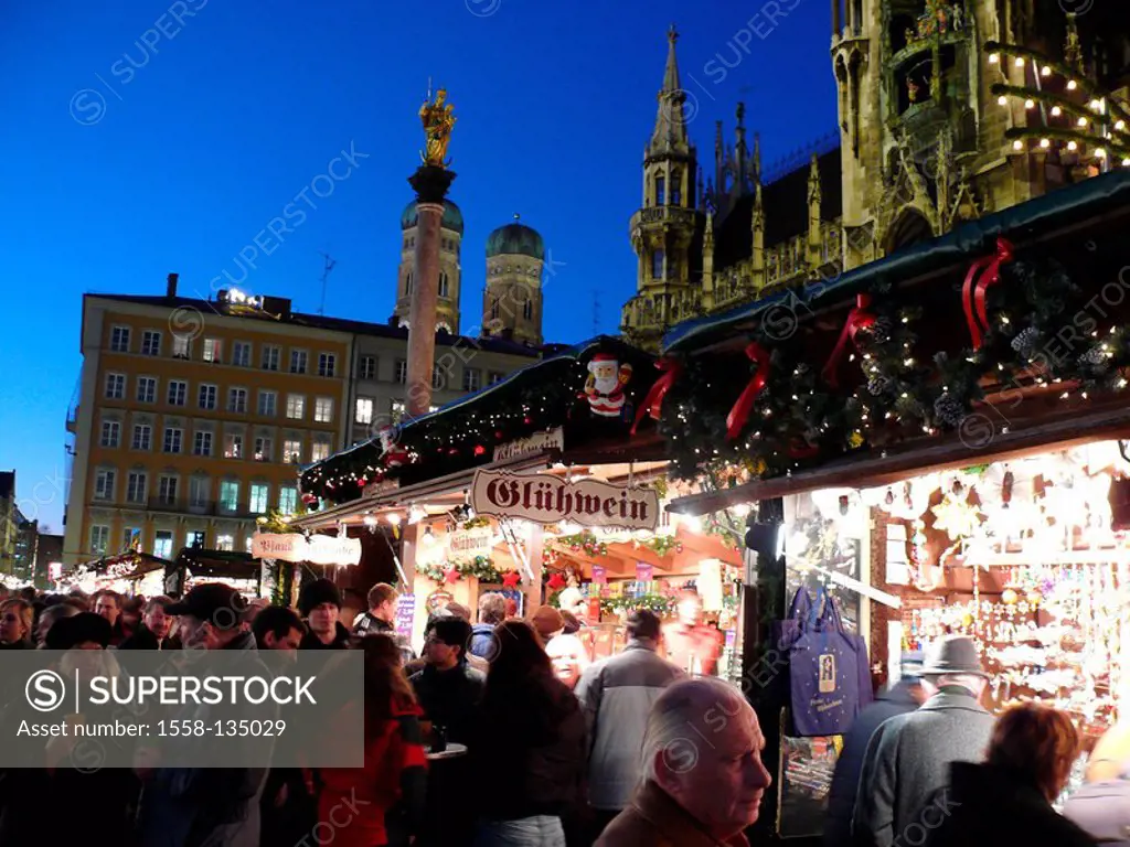 Germany, Upper Bavaria, Munich, Marie-place, town hall, detail, Christmas-market, evening-mood Bavaria Advent-time Christmas time market Christmas, Ch...