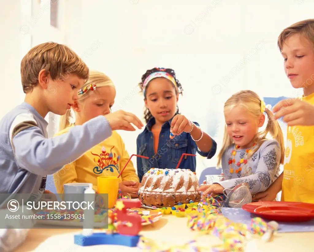 Child-birthday, boys, girl, cakes, Smarties, decorates, celebrates, cheerfully, fun, children, 5-7 years, group, friends, laughs, table, decorates, st...