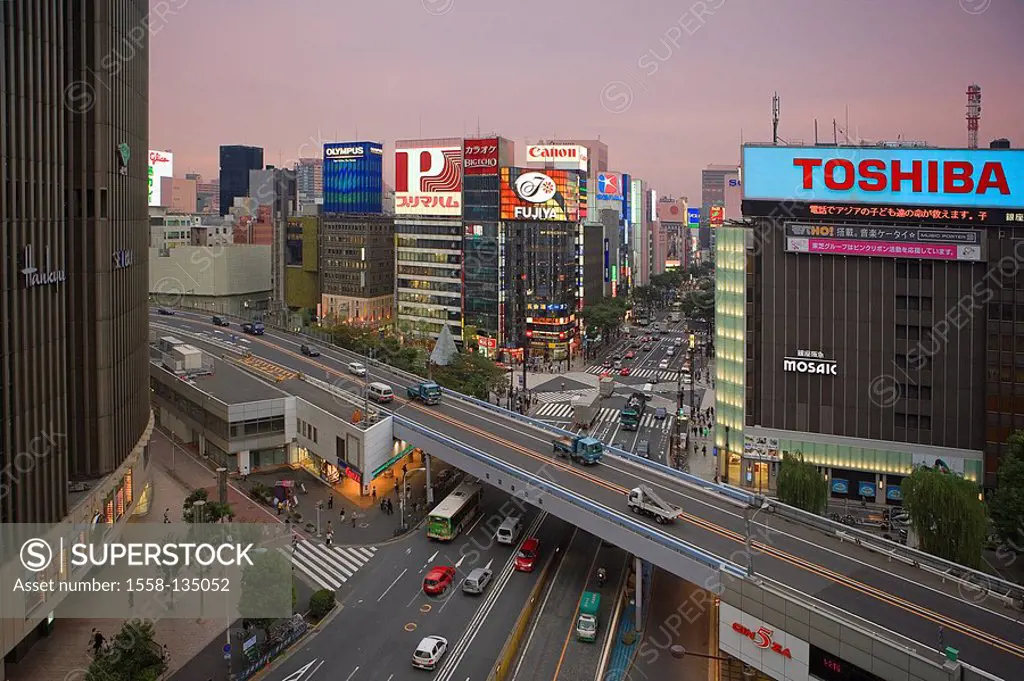 Japan, Honshu, Tokyo, Ginza, Harumi avenue, traffic, twilight, overview, Asia, city, city, capital, city view, quarters, business-quarter, business-bu...