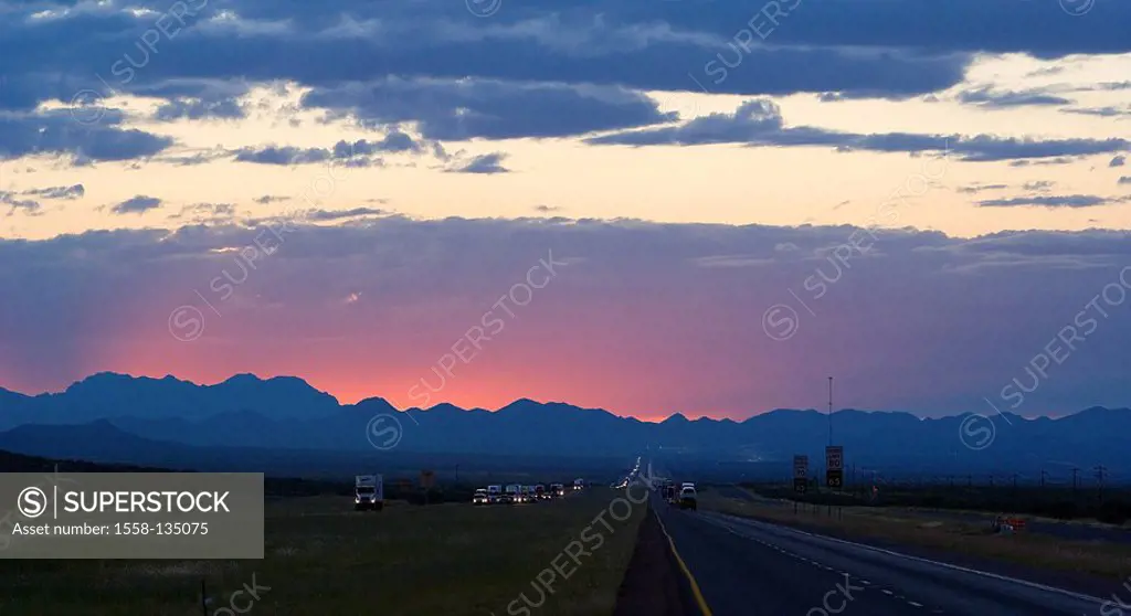 USA, Texas, landscape, mountains, silhouette, street, Interstate 10, traffic, evening-mood, America, streets, traffic-net, highway, more-track-y, Inte...