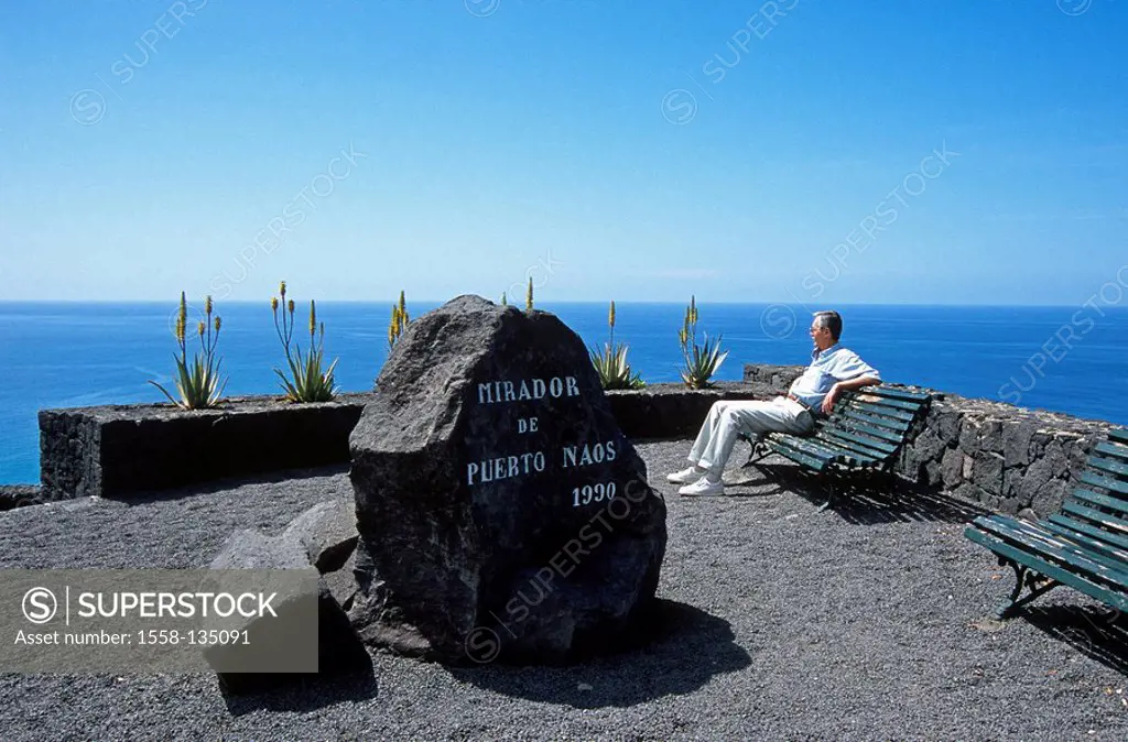 Spain, Canaries, La Palma, Puerto Naos, viewpoint, park-bank, tourist, coast, view-plateau, rock, writing, stroke, bench, people, man, relaxation, rec...