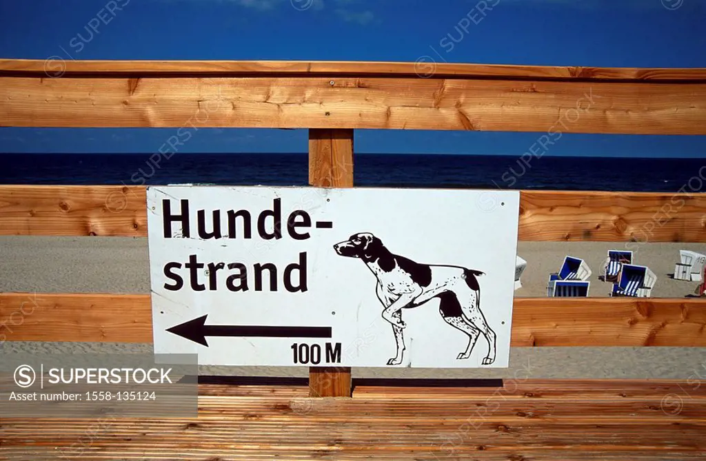 Germany, Schleswig-Holstein, island Sylt, Wenningstedt, beach, sign, direction sign, dog-beach, Northern Germany, North-Frisian islands northern Fries...