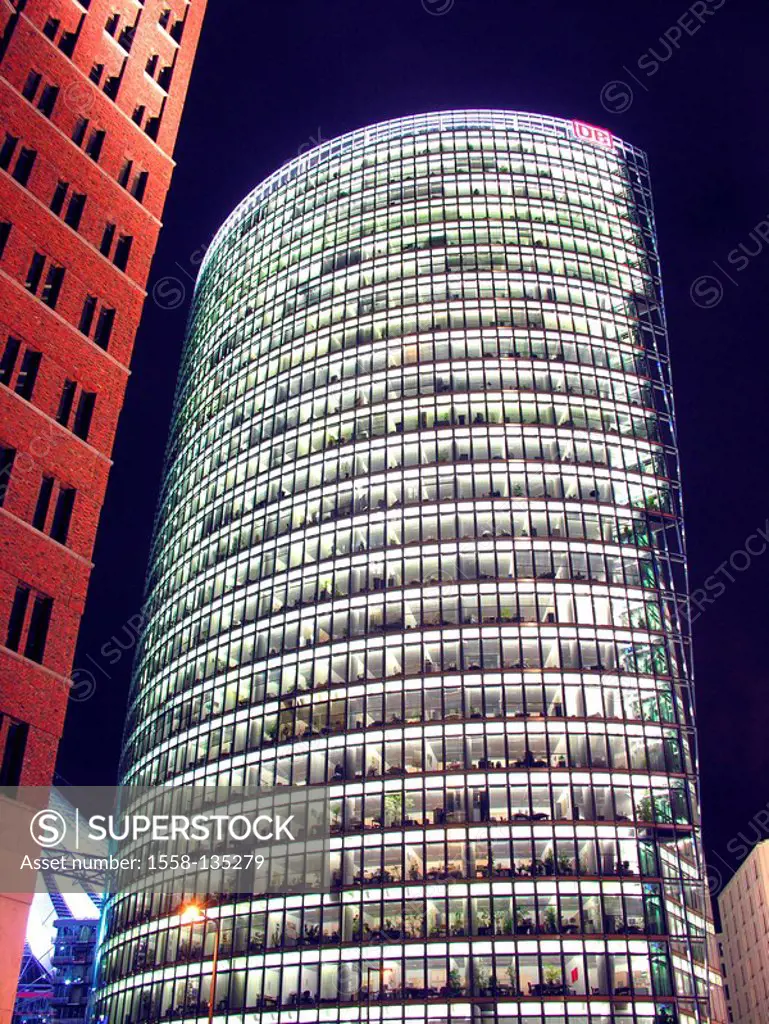 Germany, Berlin, Potsdam place, high-rises, DB-Tower, detail, illumination, evening, no property release, city, capital, city-middle, downtown, buildi...