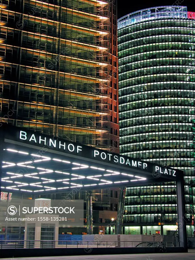 Germany, Berlin, Potsdam place, business-houses, Kollhoff-Gebäude, DB-Tower, railway station, illumination, evening, capital, Berlin-middle, high-rise...