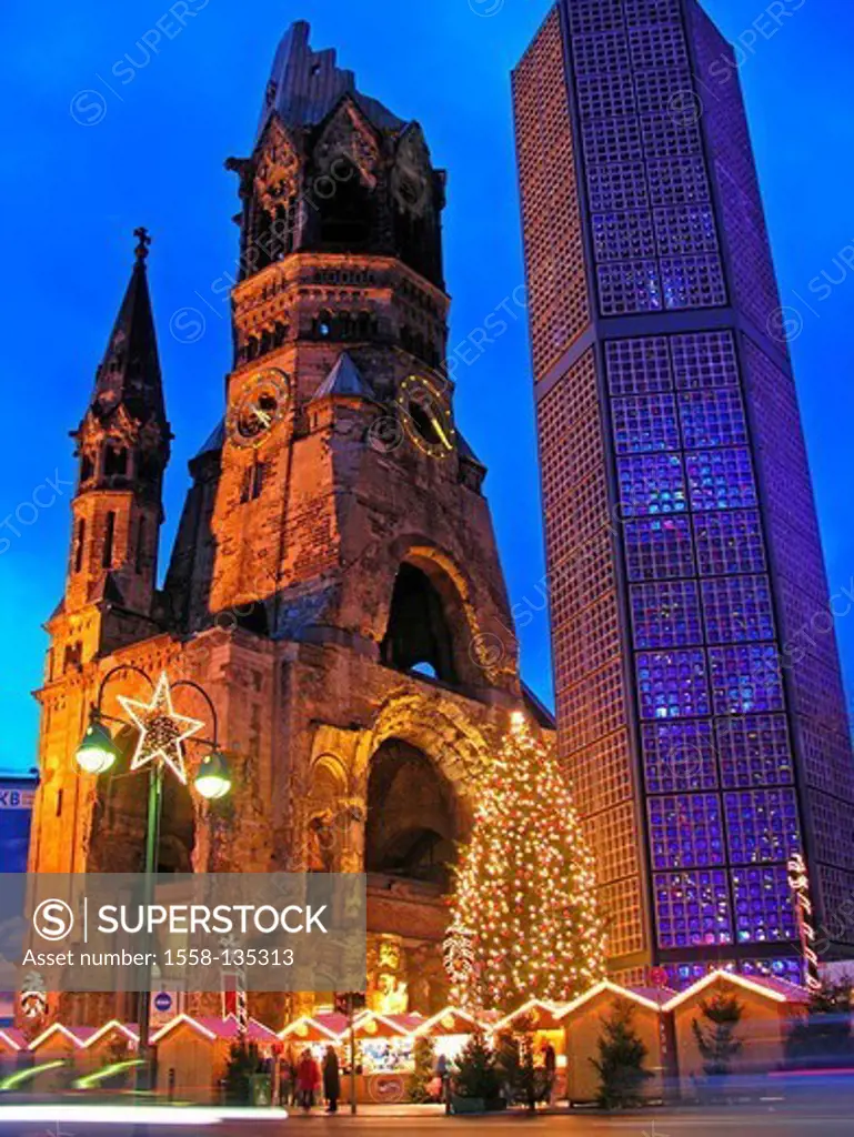 Germany, Berlin, Emperor Wilhelm Gedächtniskirche, towers, detail, Christmas-market, illumination, evening, city, capital, district Charlotte-castle, ...