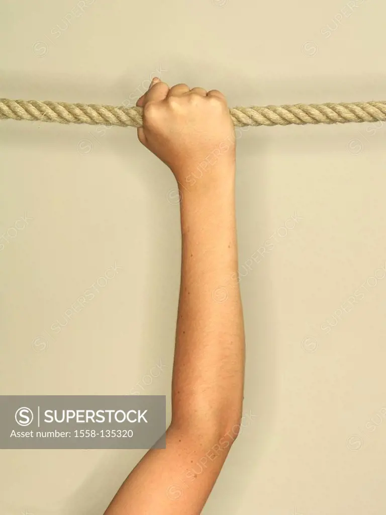 boy, detail, hand, rope, clings, people, body-part, dew, hangs, grasps, fist, physical strength, grabs, moves, pulls up, studio,
