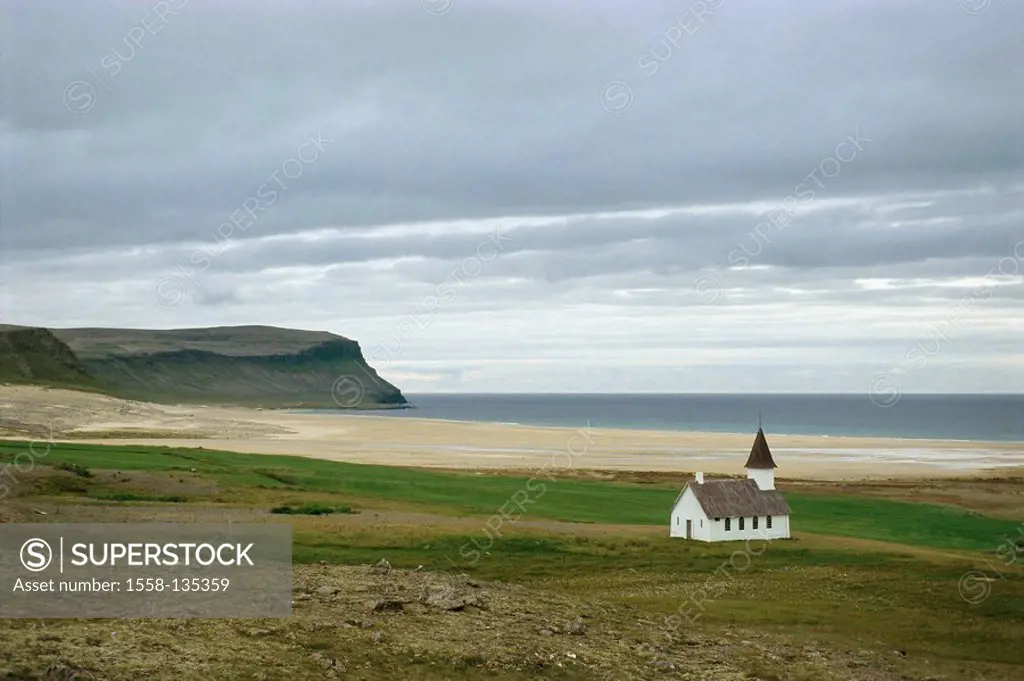 Iceland, west-fjords, Látrabjarg, church, landscape, steep-coast, lake, clouded sky, Northern Europe, landscape, coast-landscape, coast, northwest, no...