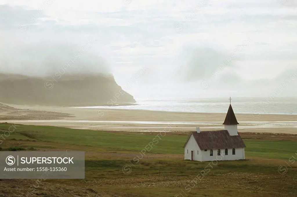 Iceland, west-fjords, Látrabjarg, church, landscape, steep-coast, clouds, lake, Northern Europe, landscape, coast-landscape, coast, northwest, northwe...
