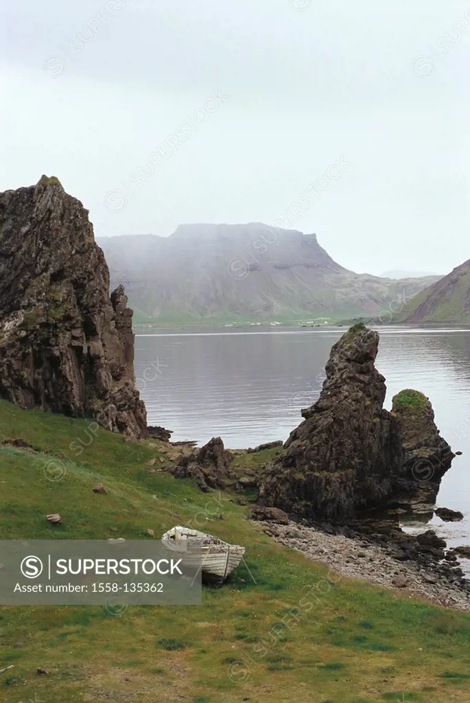 Iceland, west-fjords, Strandirküste, fjord, shore, boat, landscape, Northern Europe, landscape, coast-landscape, coast, Strandir-Küste, rock-coast, ro...