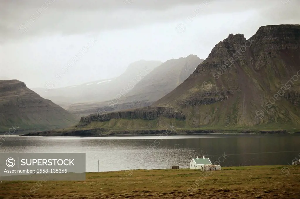 Iceland, west-fjords, Strandirküste, fjord, house, landscape, Northern Europe, landscape, coast-landscape, coast, Strandir-Küste, mountains, mountain ...