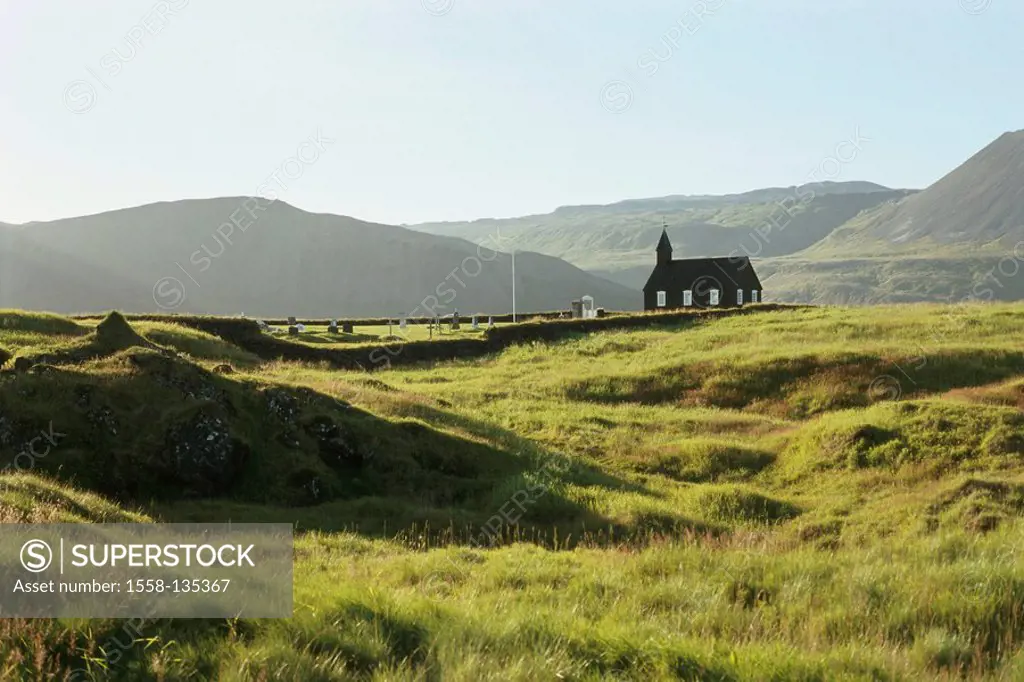 Iceland, peninsula Snæfellsnes, landscape, meadows, Budir, church, Budakirkja, grave yard, Northern Europe, west-Iceland, Snaefellsnes, Búðir, wood-ch...