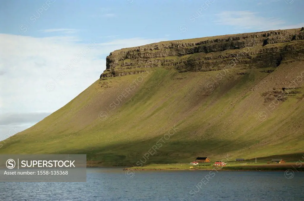 Iceland, peninsula Snæfellsnes, North-coast, fjord, landscape, meadows, houses, mountain, lake, Northern Europe, west-Iceland, Snaefellsnes, coast, co...