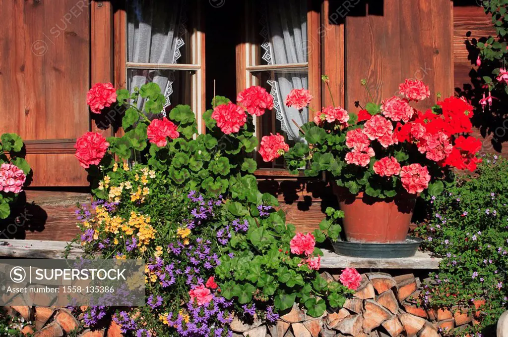 Farmhouse, facade, detail, windows, flower-jewelry, firewood-stack, farm, wood-house, wood-facade, house, house-facade, pot-flowers, geraniums, flower...