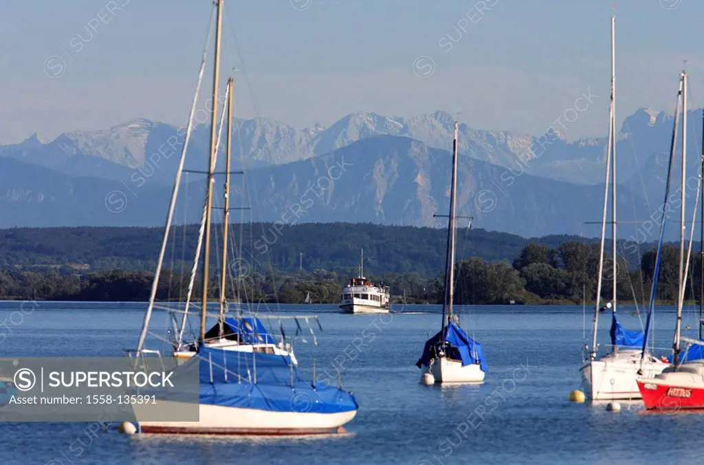Germany, Bavaria, Ammersee, trip-ship, harbor, sailboats, Upper Bavaria, Fünf-Seen-Land, Holzhausen, waters, ship, tourist-boat, boats, anchors, backg...