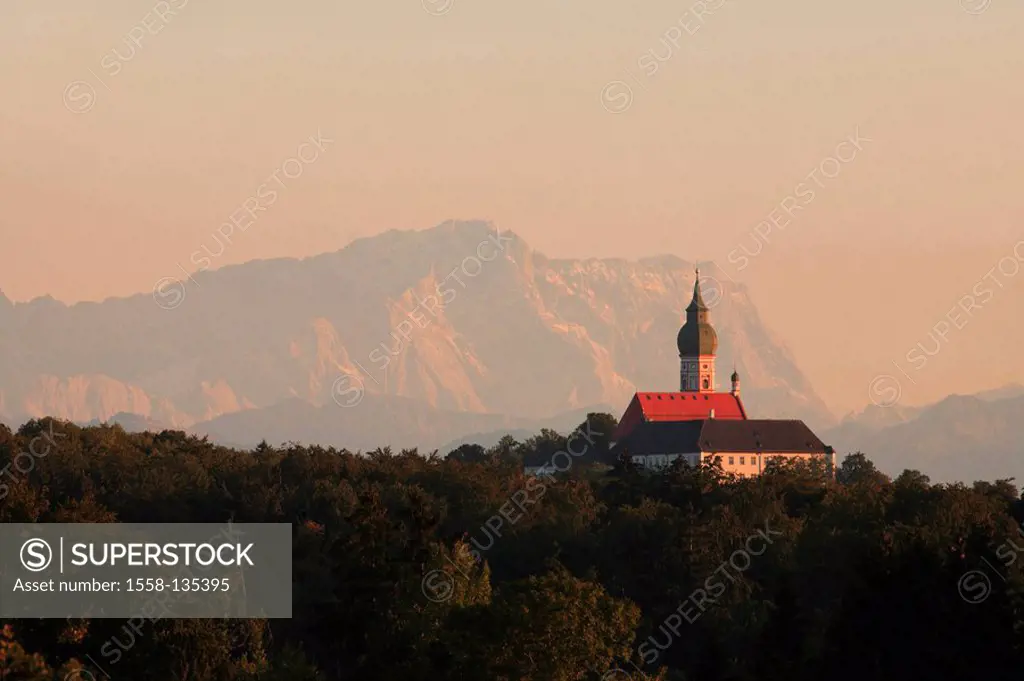 Germany, Upper Bavaria, Andechs, Benediktinerkloster, evening-sun, Bavaria, place of pilgrimage, cloister-installation, cloister-church, church, const...