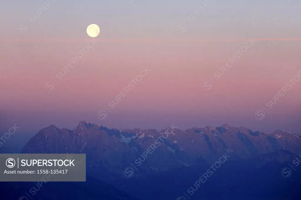 Austria, Tyrol, Kaiser-mountains, full moon, twilight, Alps, mountains, mountain scenery, evening-mood, moon, silence, silence, romanticism, idyll, mo...