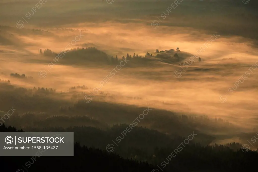 Austria, Tyrol, Wilder Kaiser, Baumgartenkopf valley-gaze St  Johann, fog, twilight, Alps, mountains, Kaiser-mountains, mountain scenery, mountain-pan...