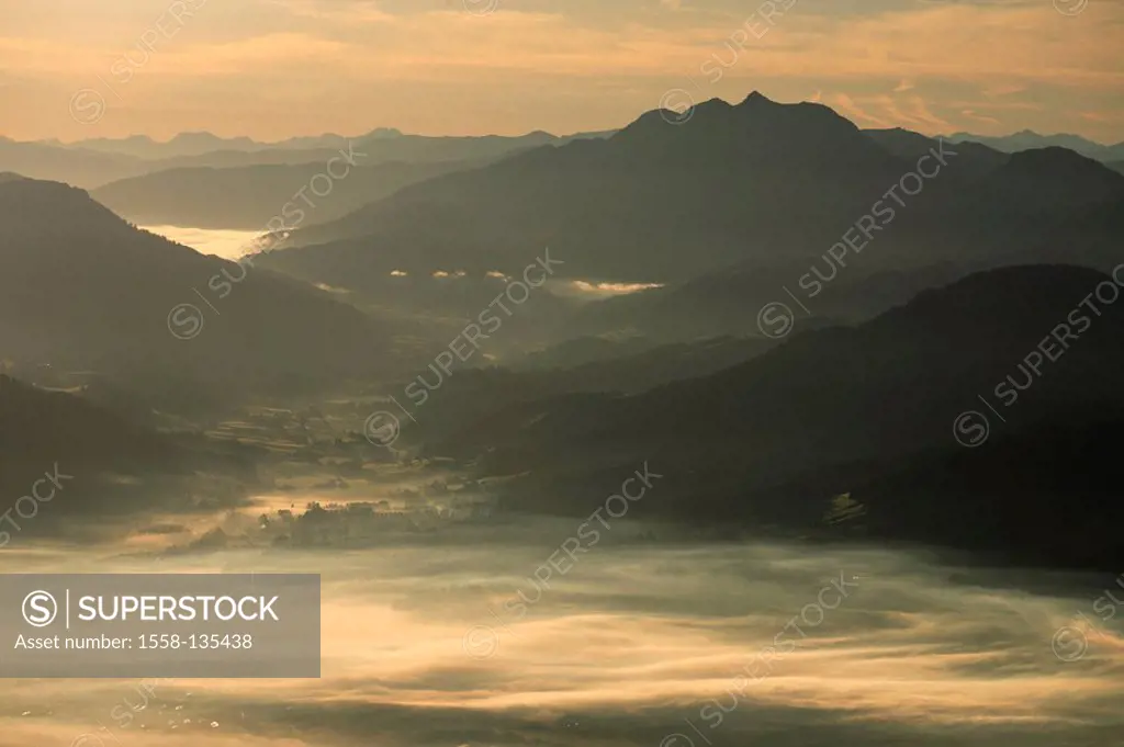 Austria, Tyrol, Wilder Kaiser, Baumgartenkopf valley-gaze St  Johann, fog, twilight, Alps, mountains, Kaiser-mountains, mountain scenery, Bergpanorma,...