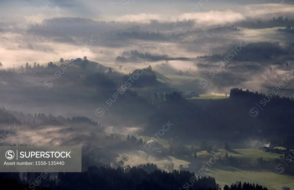 Austria, Tyrol, Wilder Kaiser, Baumgartenkopf valley-gaze St  Johann, fog, morning-mood, Alps, mountains, Kaiser-mountains, mountain scenery, valley, ...