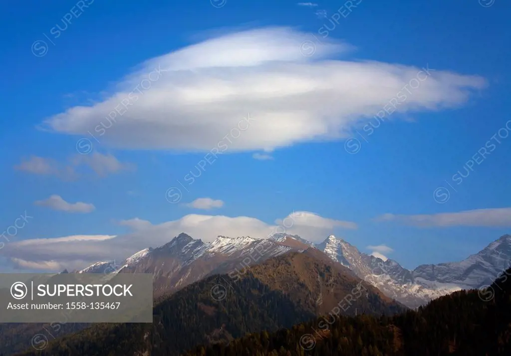 Austria, Tyrol, mountain scenery, clouded sky, autumn, North-Tyrol, Alps, mountains, summit, snow-covered, heaven, clouds, landscape,