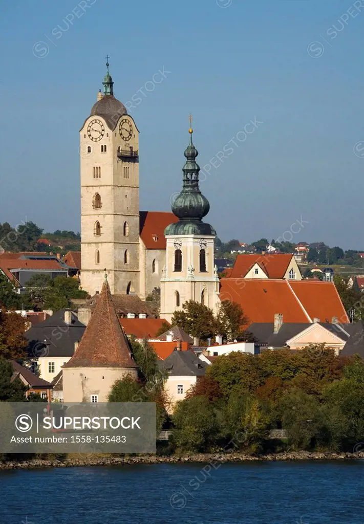 Austria, low-Austria, Wachau, Krems, city view, churches, detail, wine-region, vineyards, cityscape, houses, residences, parish-churches, steeples, co...