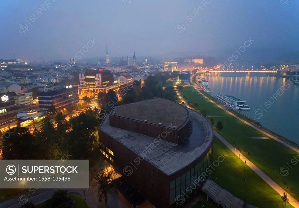 Austria, waiter-roaster-empire, Linz, city view, Danube, twilight, cityscape, houses, residences, buildings, river, ships, trip-ships, river-shipping,...